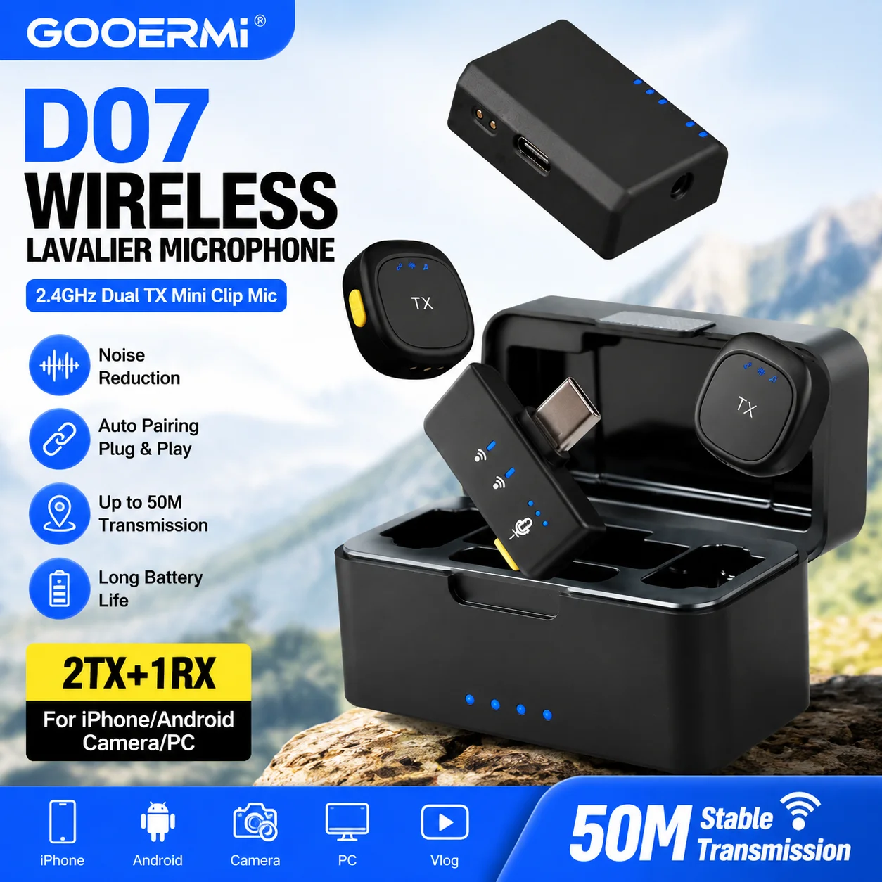 Фото Беспроводной петличный микрофон GOOERMI D07 2.4ГГц с двумя передатчиками, мини-микрофон с клипсой, шумоподавление для iPhone, Android, камеры, ПК, видеоблогов №1