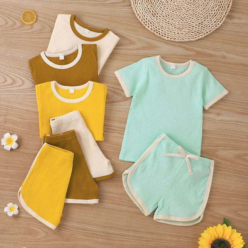 

Cotton children's clothes summer pit strip solid color pullover two-piece fashion children's clothing