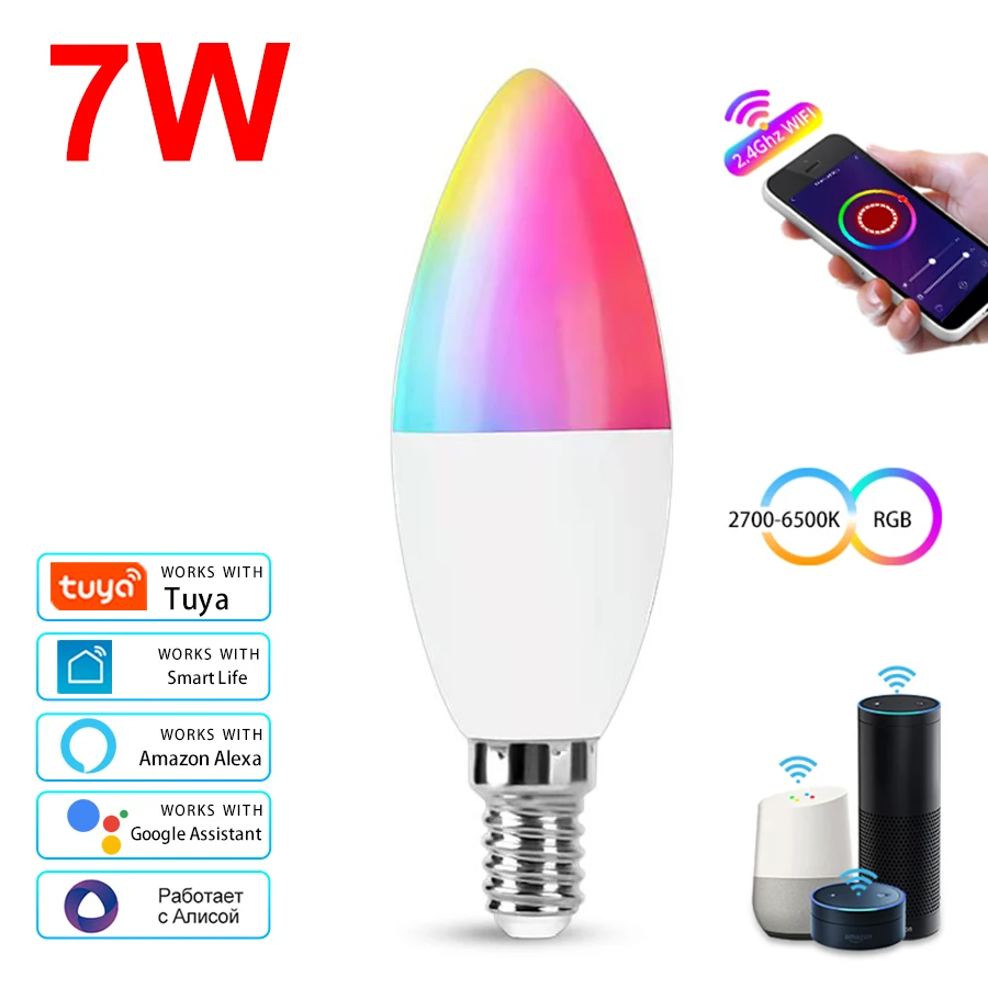 

Умная LED-лампа Tuya E14 5W/7W/9W RGB