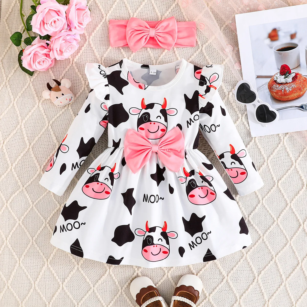 Зима 2024 платье для девочек с длинным рукавом круглым вырезом и принтом коровы