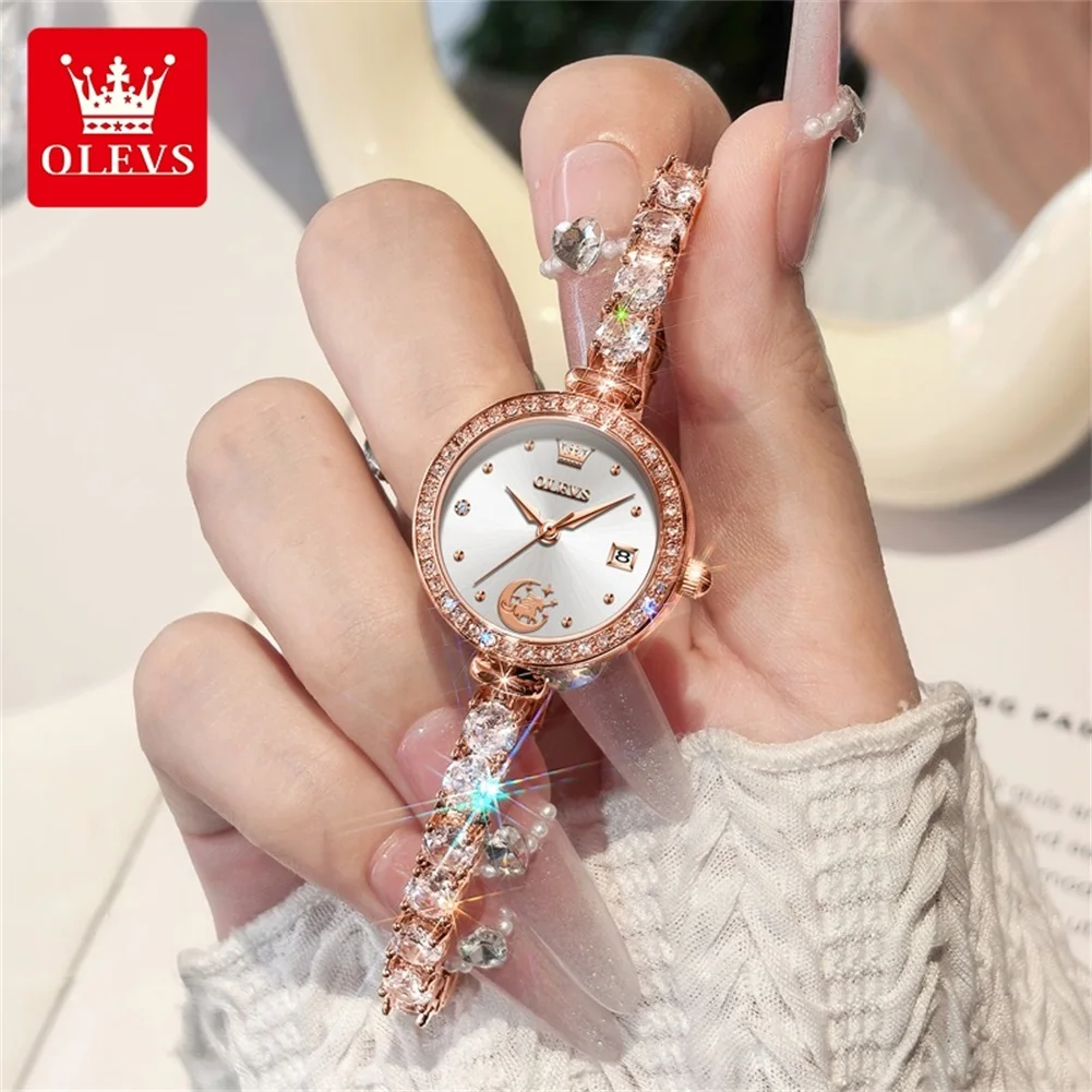 Фото Часы OLEVS 2998 Elegance с кварцевым механизмом для женщин, дизайн «Звезды, Луна, Единорог», водонепроницаемость 30 м, минималистичный циферблат, романтический календарь. №4