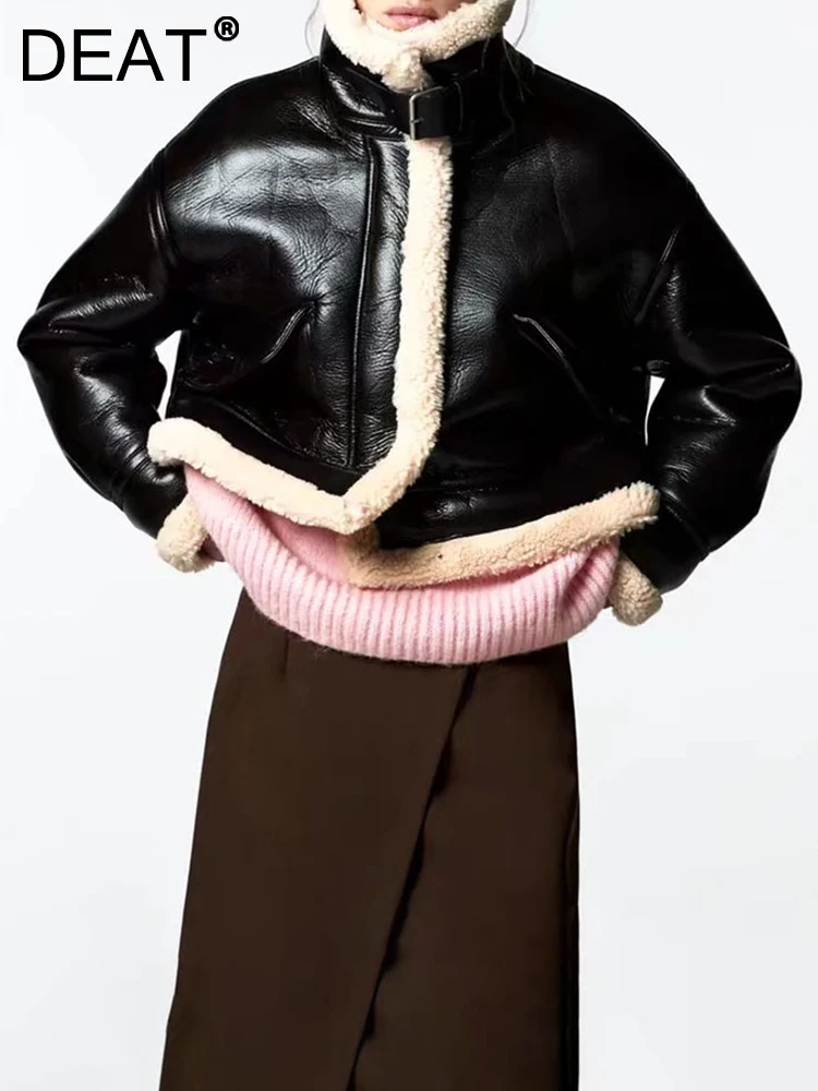 

DEAT Fashion Women's Imitation Leather Jackets Lapel Zipper Thickened Warm Plush Short Fur Coat Winter 2023 New Tide 17A1010H