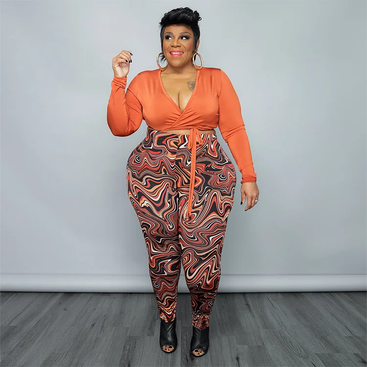 Plus Size Setup Women Clothing Two Piece Set Sexy 2 Piece Outfits Women Elastic Waist Slim Fit V-Neck Printing Short Long Sleeve