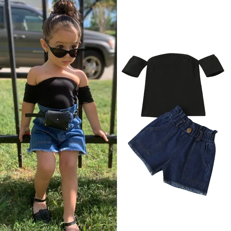 

Модные комплекты одежды для девочек, без бретелек, с открытыми плечами и коротким рукавом, черные топы, синие джинсовые шорты с высокой тали...