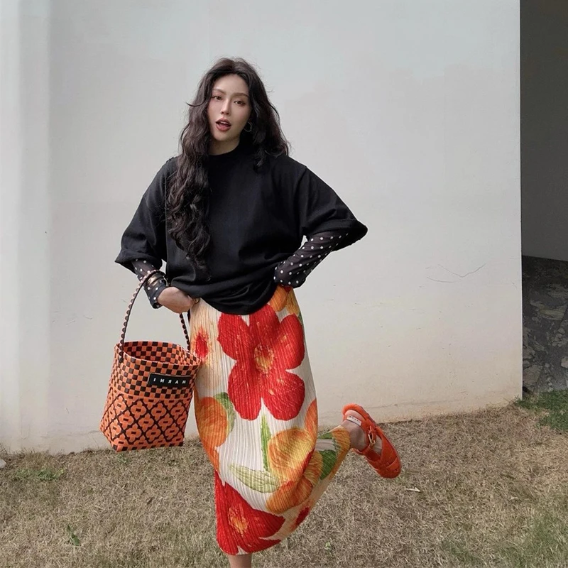 Юбка-миди Женская плиссированная трапециевидная с цветочным принтом и разрезом