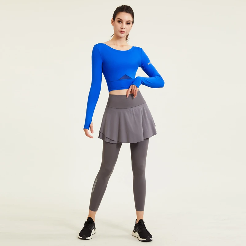 Women Slim Yoga Shirt Mesh Paneled Breathable Back Crop Top Running Long Sleeve Blouse Workout Gym T-Shirt With Thumb Holes