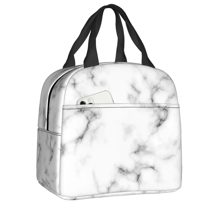 

White Texture Marble Insulated Lunch Bags for Women Geometric Resuable Cooler Thermal Food Lunch Box Kids School Children