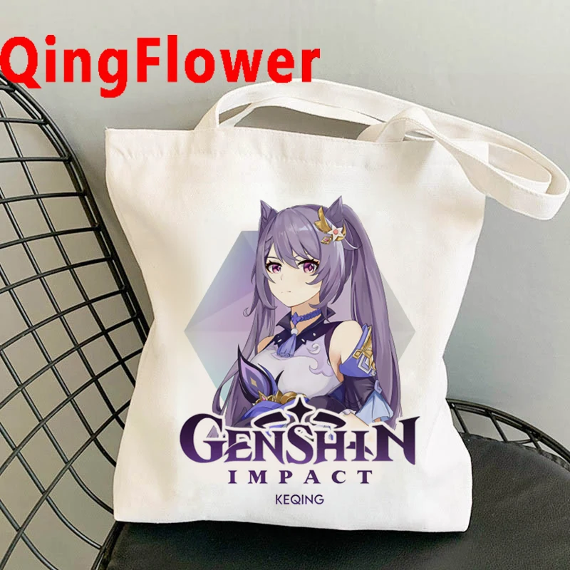 

Холщовая Аниме Сумка-тоут для женщин Genshin, сумка для покупок, сумка для покупок, сумка на плечо, многоразовые эко-сумки большой вместимости