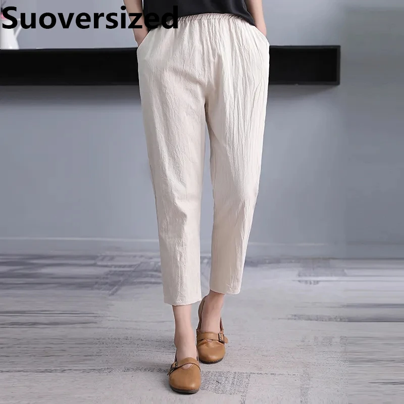 Summer Casual Cotton Hemp Ankle-length Harem Pants For Women Baggy Oversized 4xl Trousers Fashion Korean Basic Pantalones