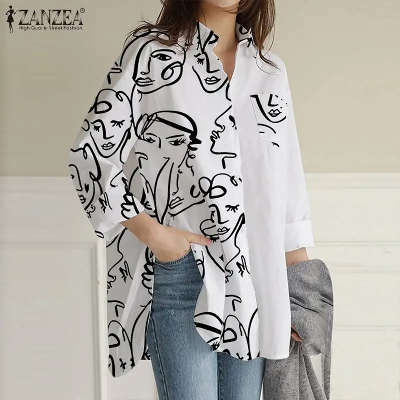 

Women Fashion Long Sleeve Tops 2022 Spring OL Irregular Hem Blouse Holiday Casual High Low Blusas ZANZEA Printed Patchwork Shirt