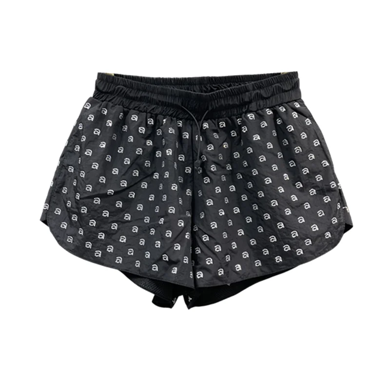 Black Elastic Waist Shorts Rhinestone Letters Wide Leg Shorts Women's Summer Thin Sports Casual Pants Slim Fit Short Hot Pants