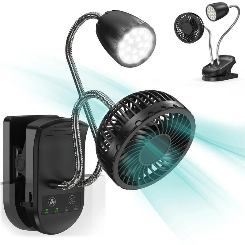 

Portable 3-Speed Table Fan Camping Fan with Lamp Rechargeable Clip Fan 4000mAh Desktop Fan for Study Office Gym Stroller E8BE