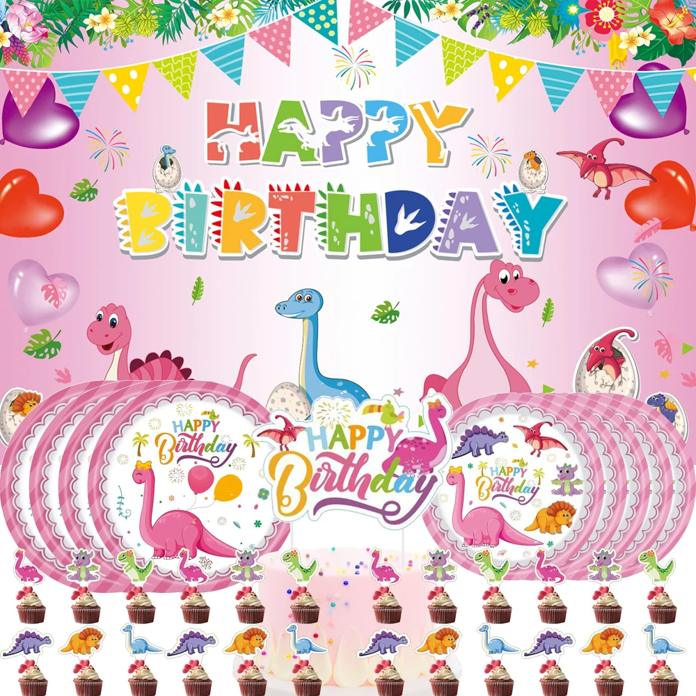 

Cartoon Cute Pink Dinosaur Birthday Party Decorations Tableware Set Cup Plate 3D Balloon for Girls Baby Kids Toys Favor Supplies