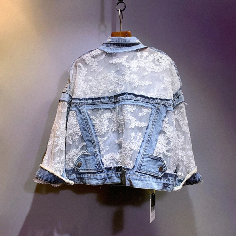 Harajuku винтажная кружевная джинсовая куртка с цветочным принтом и потертыми