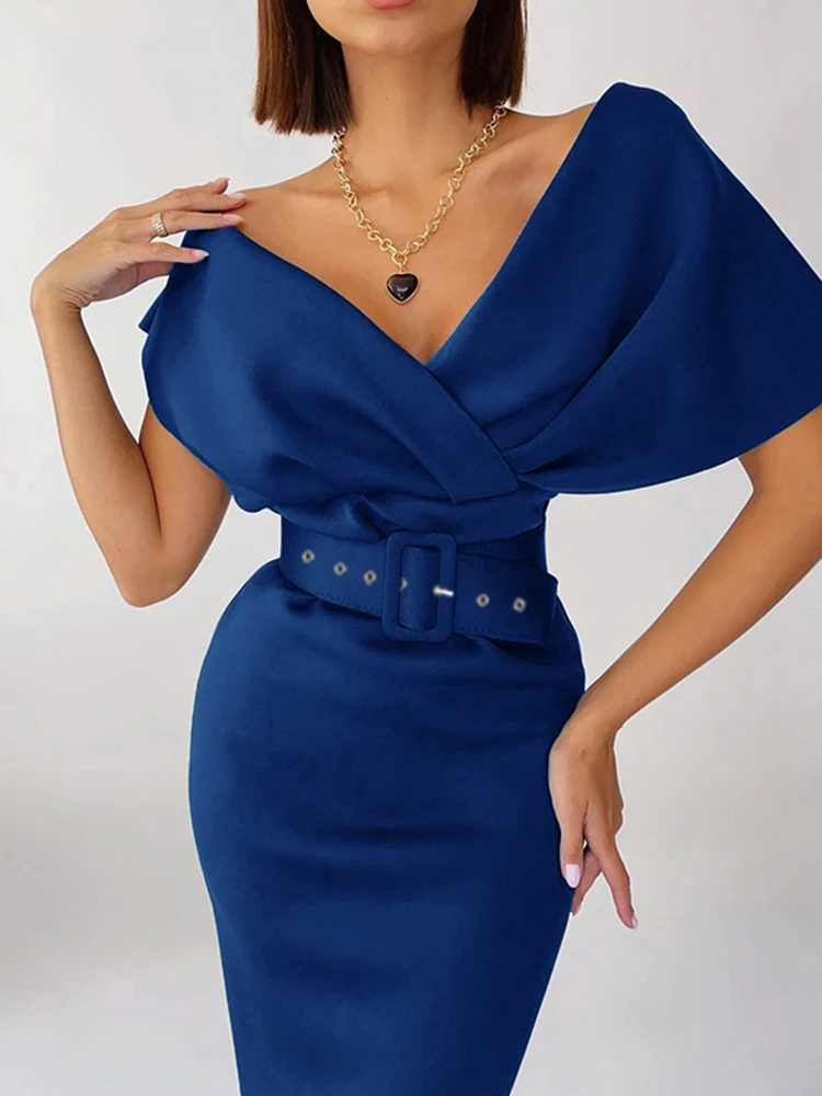 

Women's Evening Party Elegant Bodycon Dress with Belt Business Office Lady Vintage Dresses Casual Sexy Tight Off Shoulder Blue