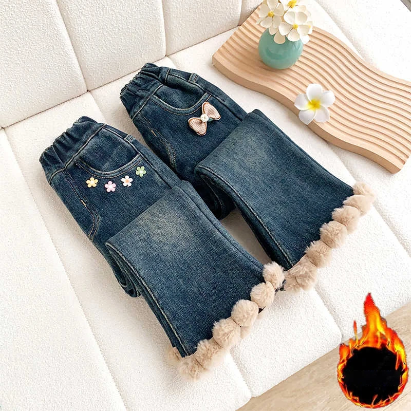 Флисовые джинсы для девочек эластичный пояс утепленные кружевные теплые