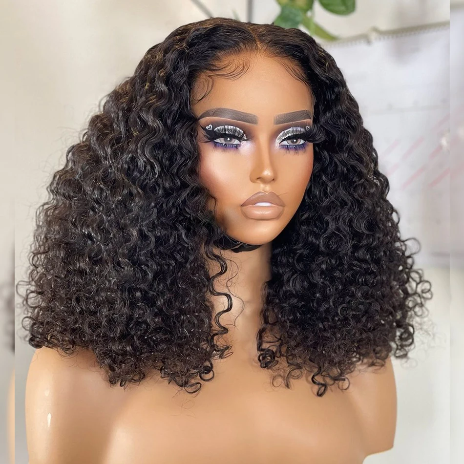 

14Inch Short Bob Kinky Curly Synthetic Lace Front Wig Glueless Lace Wigs For Black Women Babyhair Preplucked Daily 180%Density