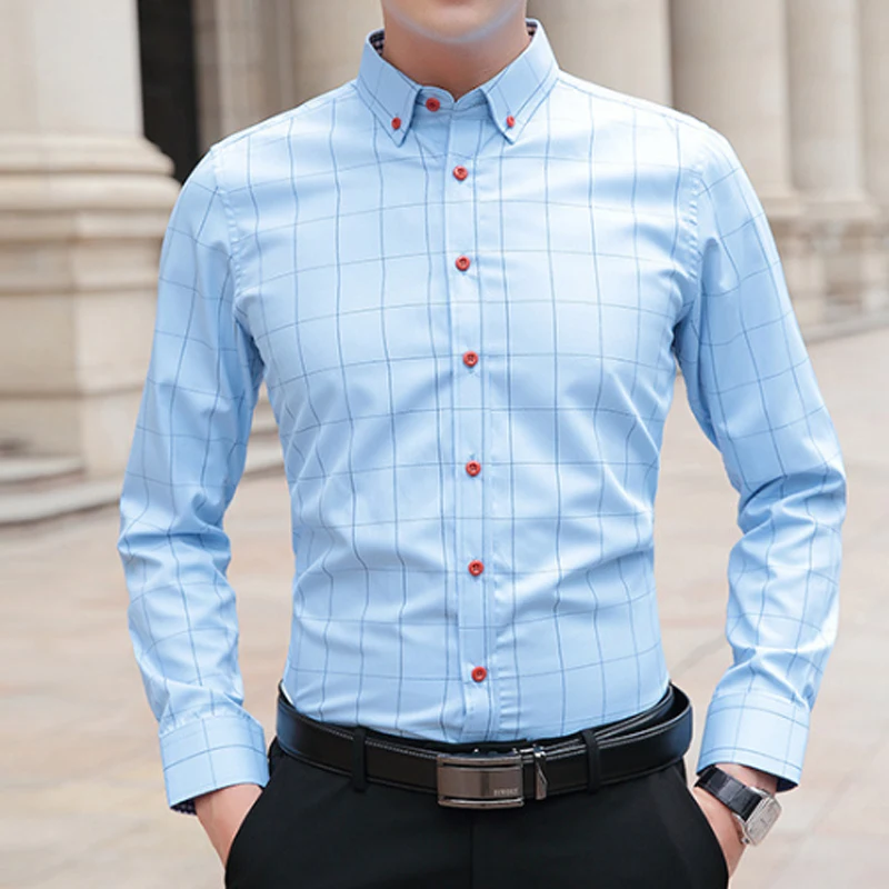 Spring and Autumn New Men's Shirts Long Sleeve Plaid Anti-Wrinkle Comfortable Fashion Cotton Fitted Business Casual Slim Shirts