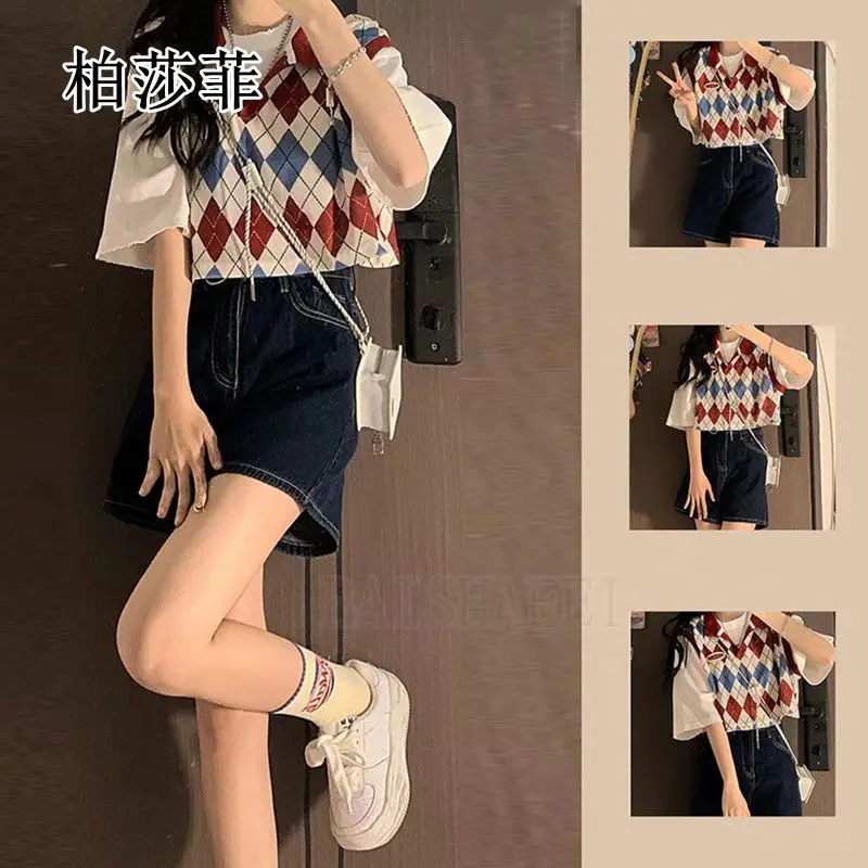 

Small Korean college style wear female French senior sense of Hong Kong wind vest shirt denim shorts three pieces of tide