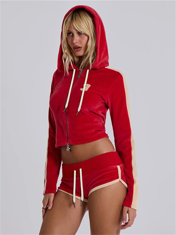 Женский бархатный комплект Absobe укороченный топ на молнии с капюшоном и шорты