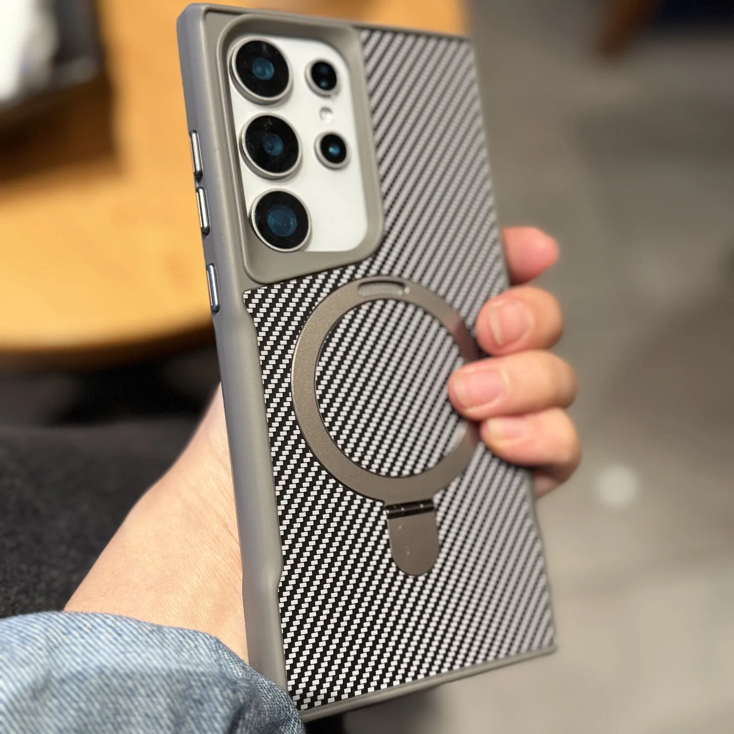 Фото Тонкий чехол для телефона с узором из углеродного волокна и подставкой для Samsung Galaxy S22 S23 S24 Ultra S25 Plus, кольцевой держатель, твердая задняя крышка №1