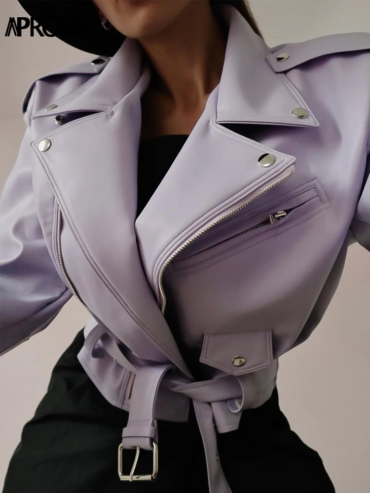 Aproms Vintage Soft PU Leather Motorcycle Jacket Women 2022 Winter Belt Zipper Basic Oversized Coat Female Casual Warm Outerwear