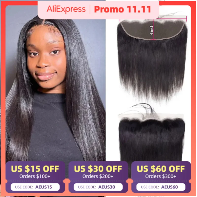 

13x4 Lace Frontal Closure Only Human Hair Brazilian Straight HD Transparent Lace Closure Ear To Ear Hair Natural Black On Sale