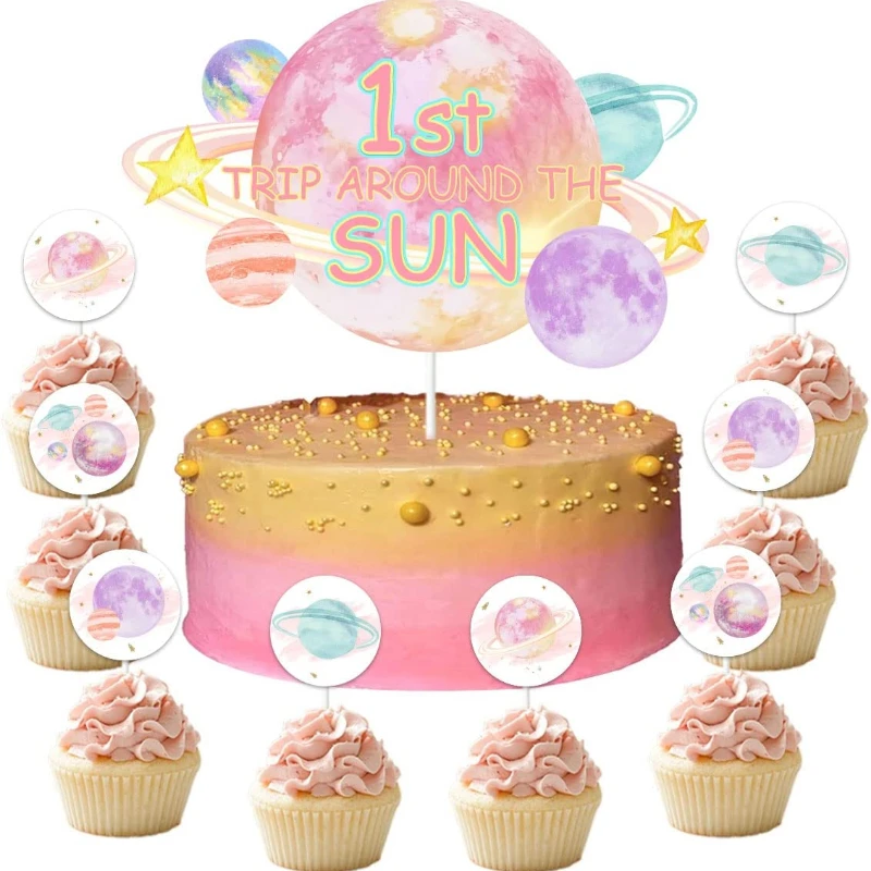 

Funmemoir 25PCS First Trip Around The Sun Cake Cupcake Topper for Girls Space Theme 1st Birthday Party Cake Decorating Supplies
