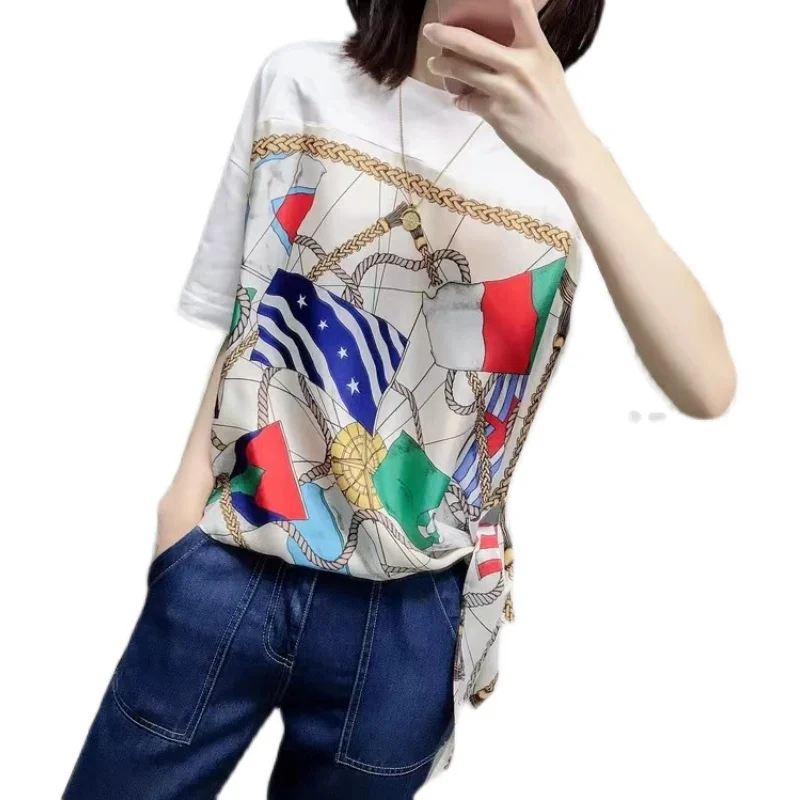 Женская шелковая футболка в западном стиле с коротким рукавом и V-образным