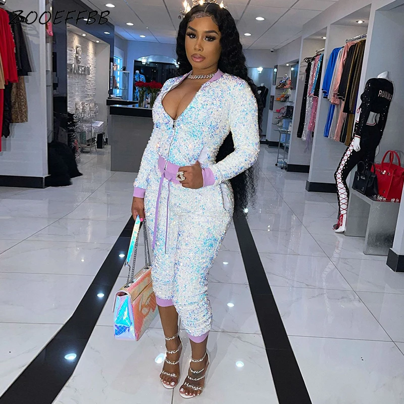 

Женский костюм с блестками ZOOEFFBB, комплект из двух предметов, топ на молнии с длинным рукавом и штаны на шнуровке, Клубная одежда для женщин, п...