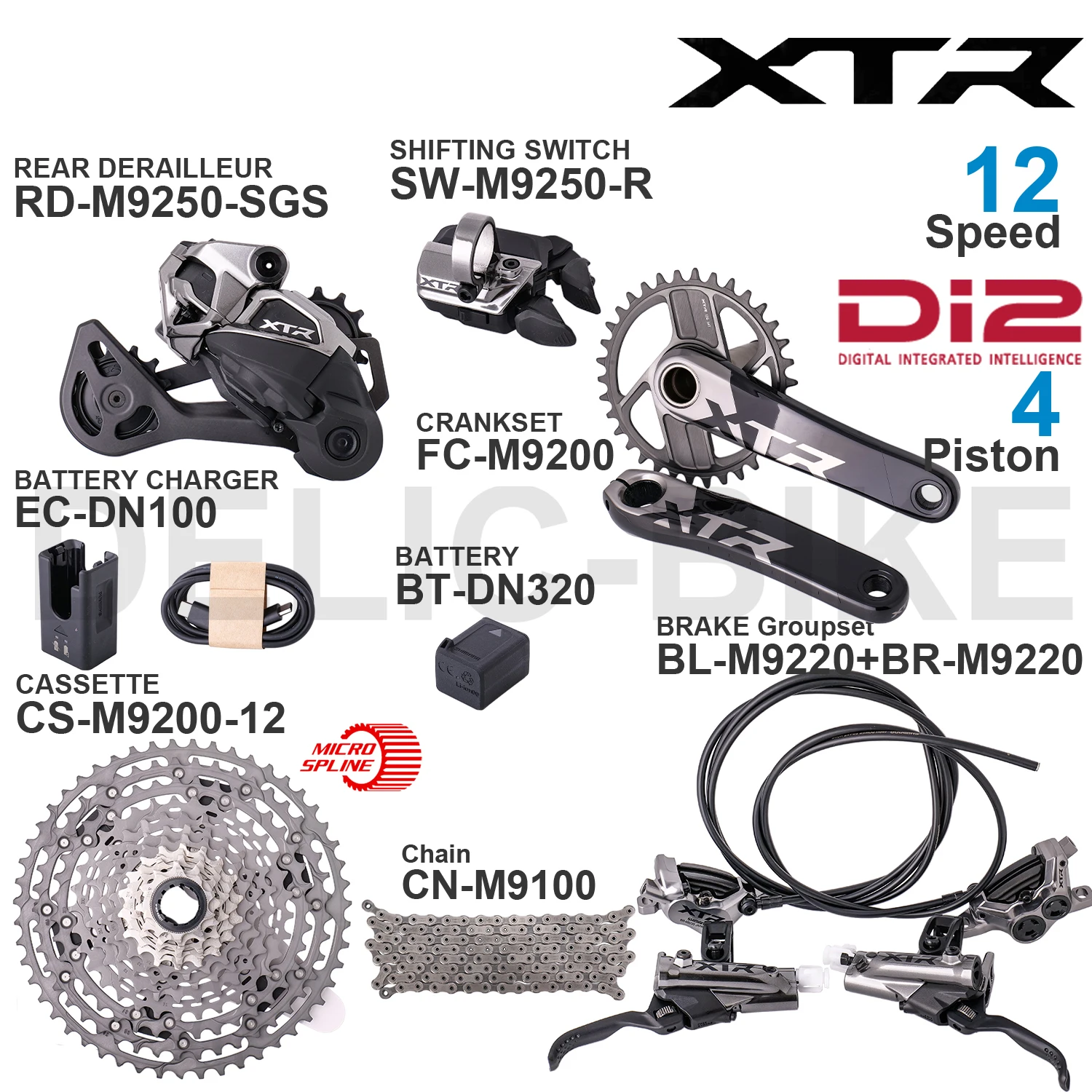 Фото Комплект оборудования Shimano XTR M9200 на 12 скоростей: SW-M9250-R, RD-M9250, FC-M9200, CS-M9200, CN-M9100, M9220, тормоза EC-DN100, BT-DN320. Оригинальные запчасти. №1