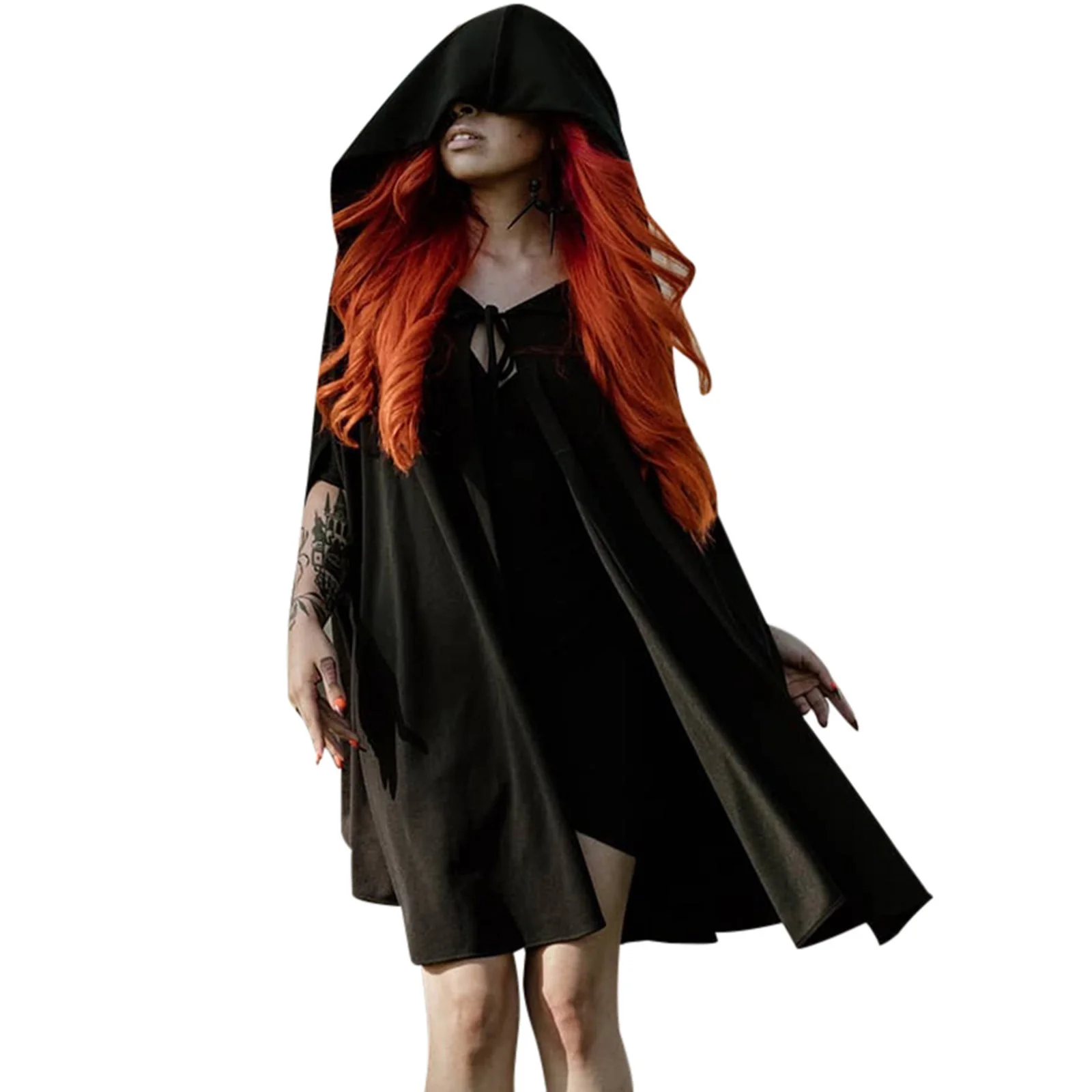 

Women Goth Dark Cosplay Cloak Girls Solid Color Hooded Tied Sleeveless Slit Mantle Cape for Halloween Party Role-Play Black