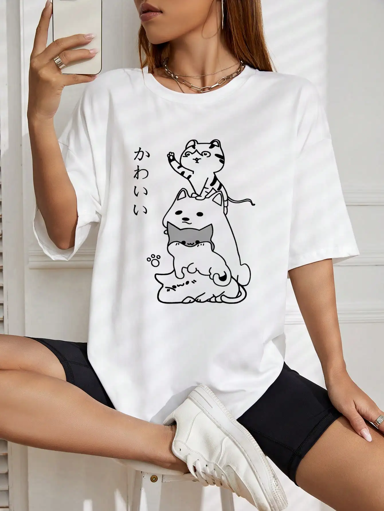 

Four Cat Brothers Japanese Pattern Prints T-Shirt Female Simplicity Fashion Tshirt Brand Harajuku Tshirts Outdoor Vintage Tops