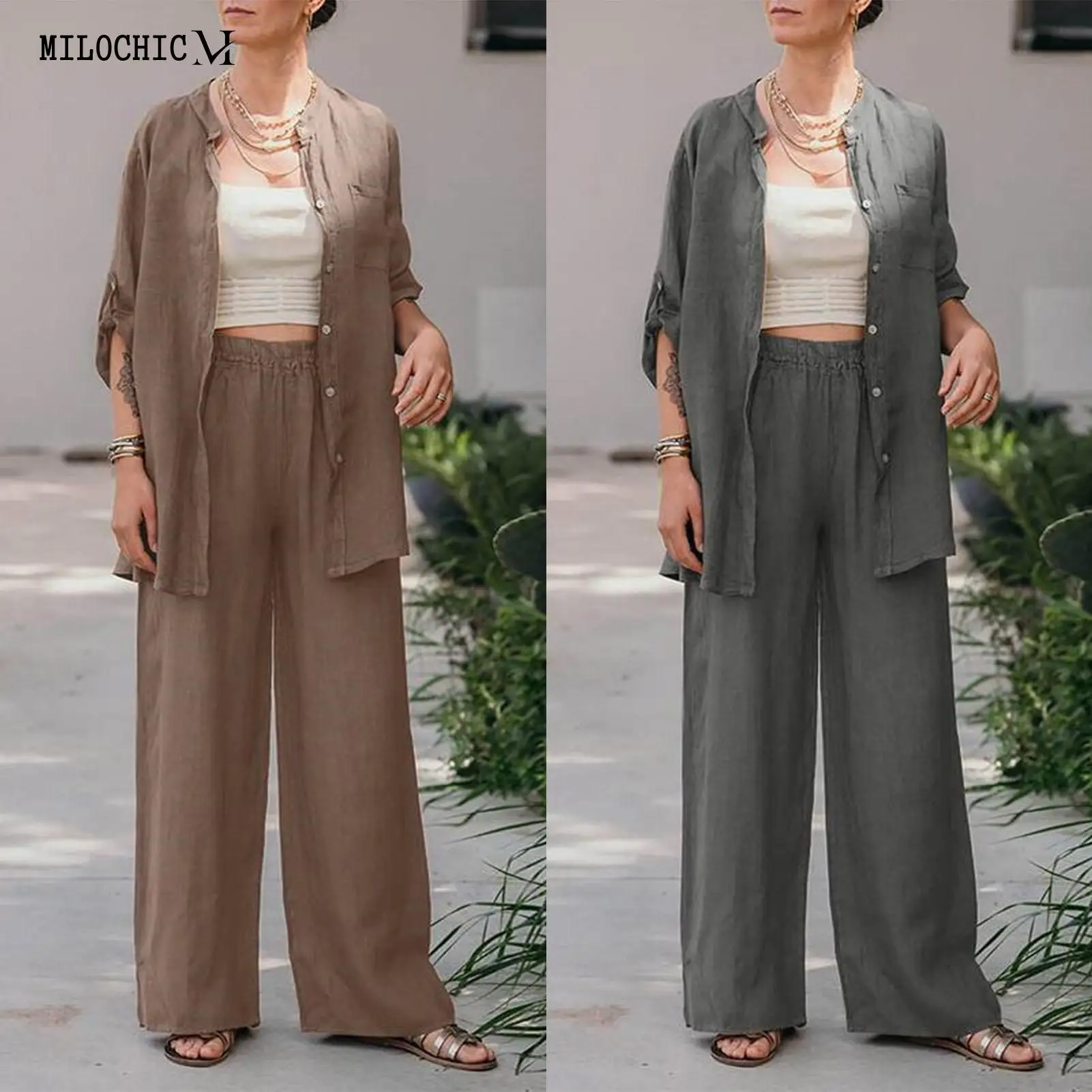 

Женские прямые брюки, костюмы с длинным рукавом, хлопковая льняная рубашка с лацканами, модные однотонные брюки из 2 предметов, простая повседневная женская уличная одежда