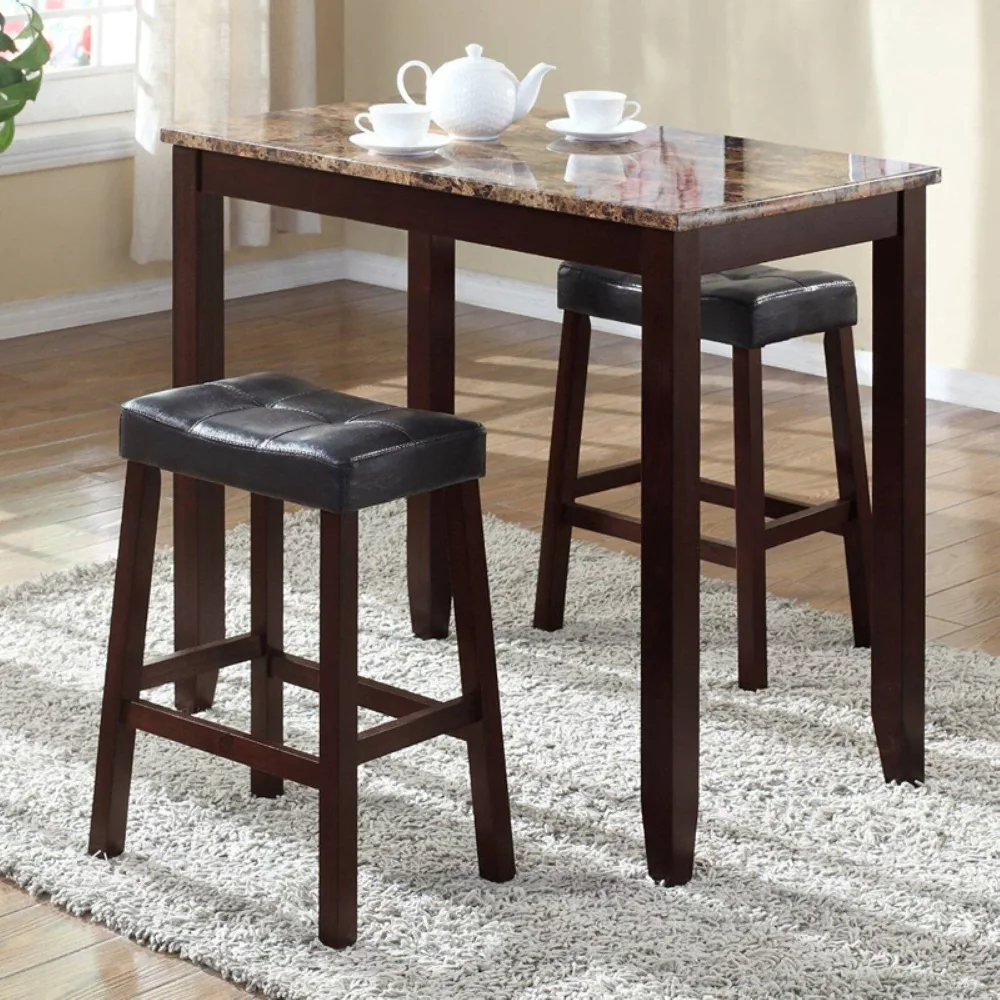 

Roundhill Furniture 3-Piece Counter Height Glossy Print Marble Breakfast Table with Stools