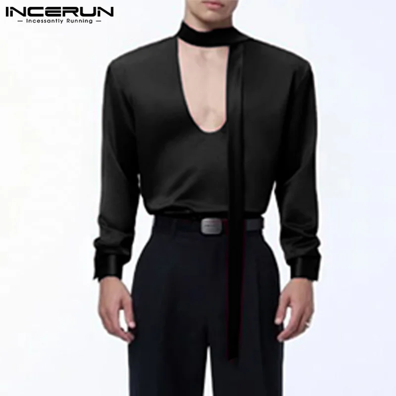 Men's Solid Color Long Sleeve Shirts INCERUN Casual Sexy Hollow Out Tops 2024 Autumn Fashion Style Streetwear Oversize S-5XL