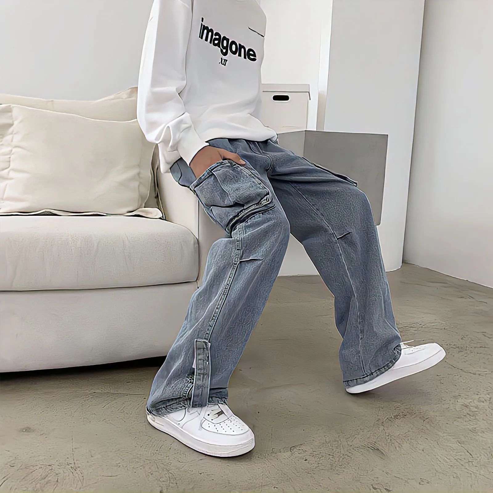 Harajuku Vintage Blue Baggy Jeans Man High Waist Y2k Streetwear Fashion Hip Hop Cargo Pants Straight Wide Leg Denim Trousers