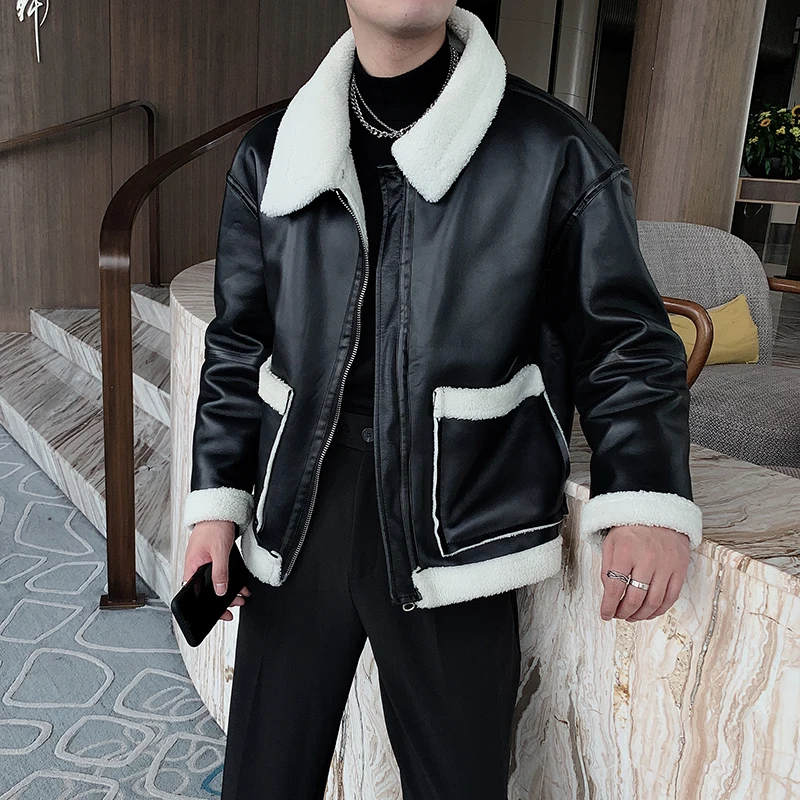 2021 Winter Warm Leather Jackets for Men Casual Motorcycle Jacket Plush Thick Fake Fur Collar Overcoat Windbreaker Male Clothing