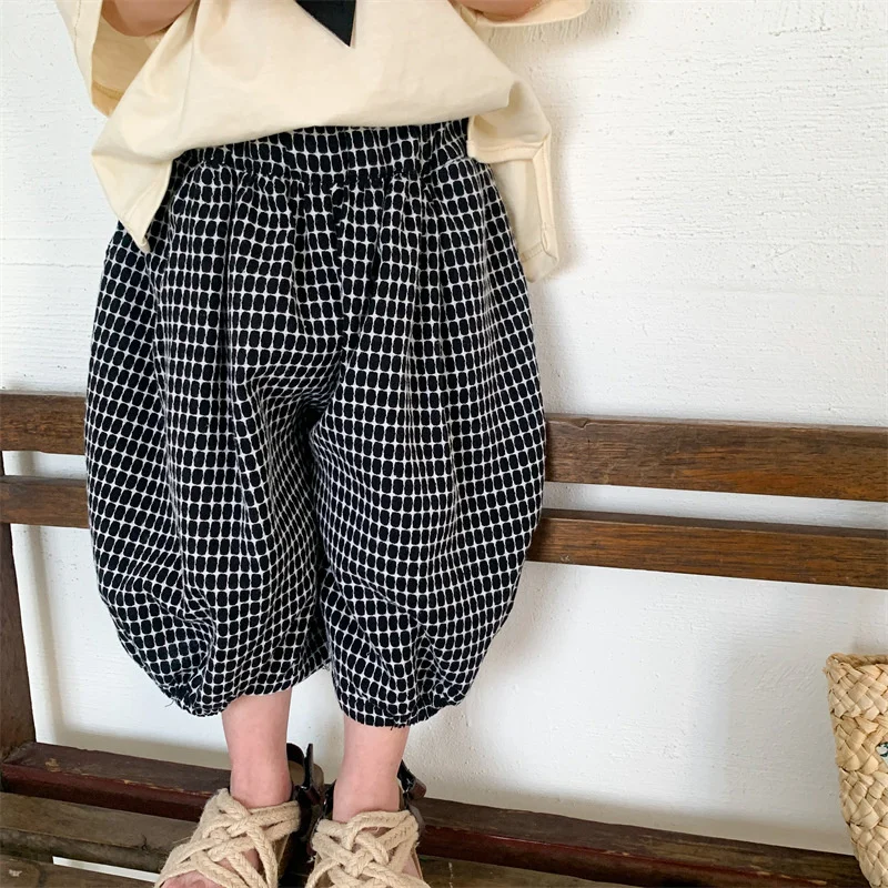 Летние клетчатые модные детские брюки с широкими штанинами свободные эластичные
