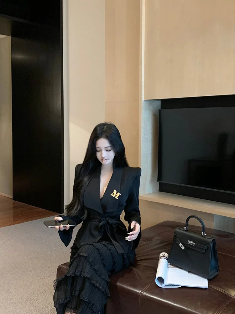 Qiake Girl ~ Женский черный топ с лацканами High Sense осень 2023 шикарный нестандартной