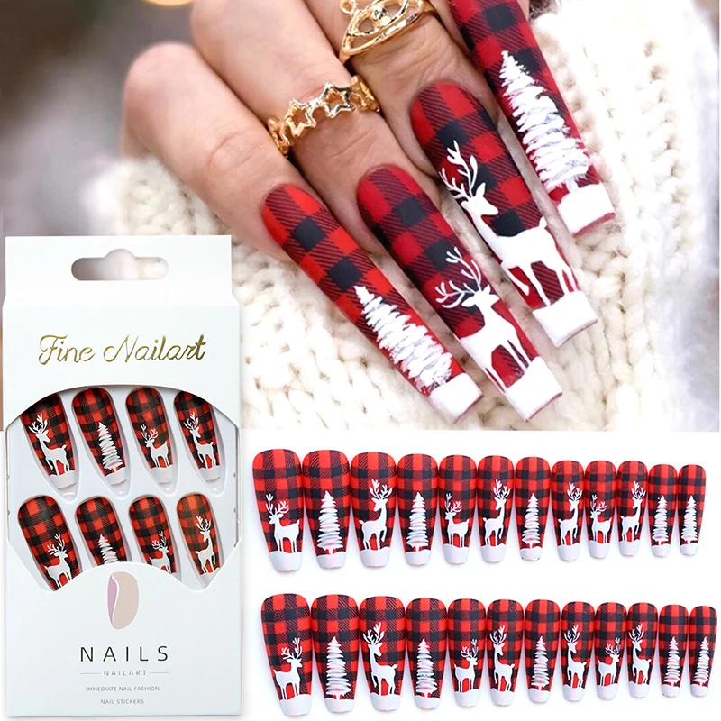 

24Pcs Christmas Press on Nails Long Coffin Nails Christmas Fake Nails Elk Snowflake Full Cover Wearable False Nails with Designs