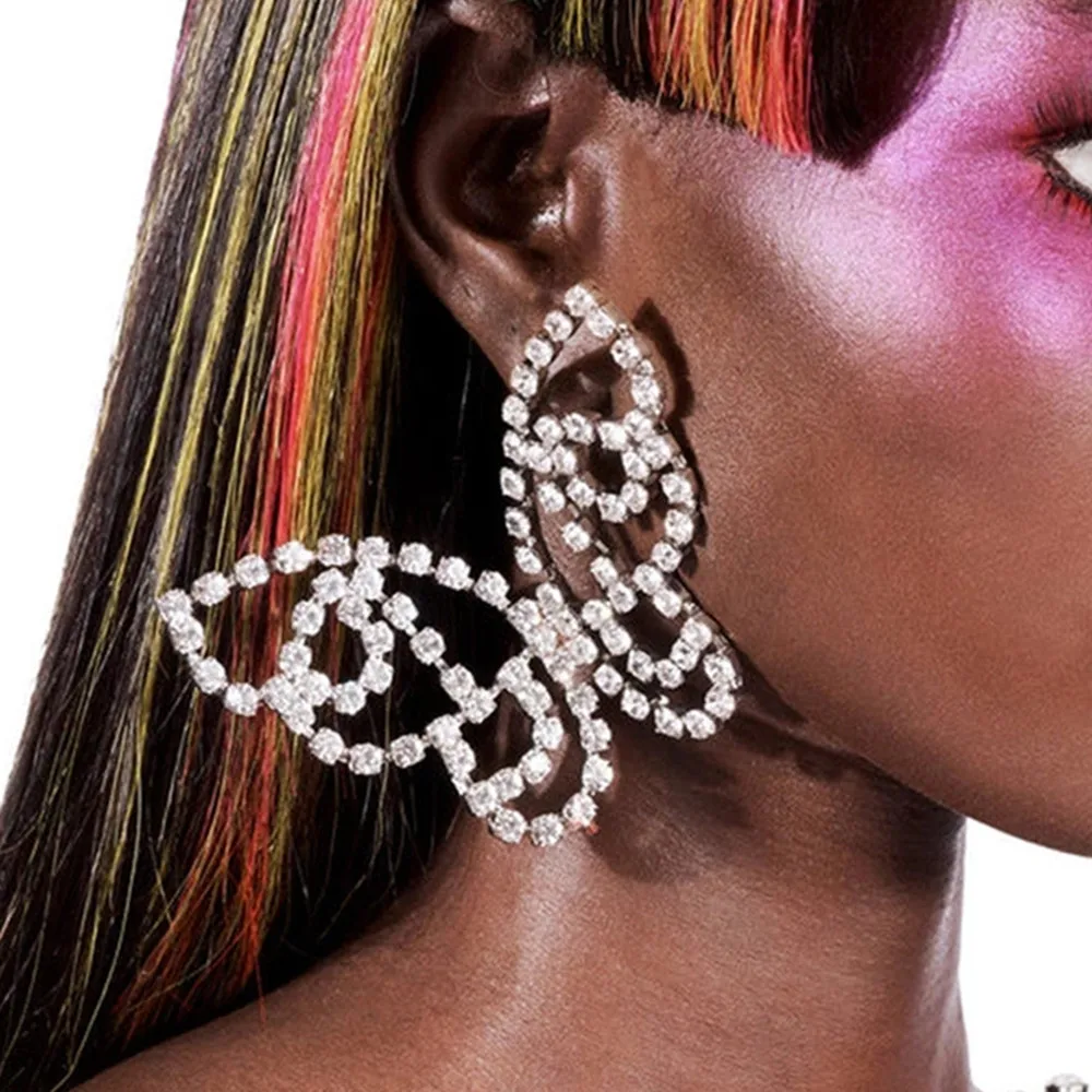 

Cool Rhinestone Chunky Butterfly Shape Drop Earrings Party Jewelry for Women Crystal Big Dangle Stud Earrings Accessories Gift