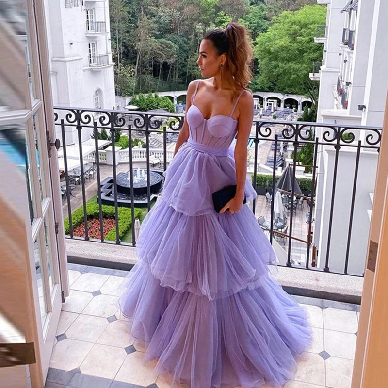 

Lavender Tulle Prom Dresses A Line Spaghetti Straps Layered Skirt Bow Tiered Sash Floor Length Evening Party Gowns 2022 Long