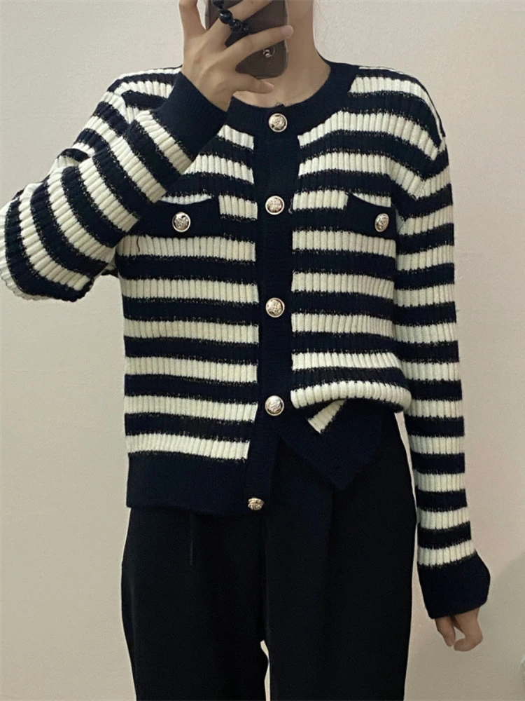 

HOUZHOU Striped Knitted Cardigan Women Elegant Long Sleeve Sweater Zip Up Autumn Winter Korean Fashion Casual High Street