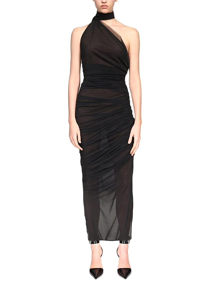 

Women s Chic One Shoulder Sleeveless Ruched Bodycon Dress with Cut Out Detail and Asymmetrical Hemline