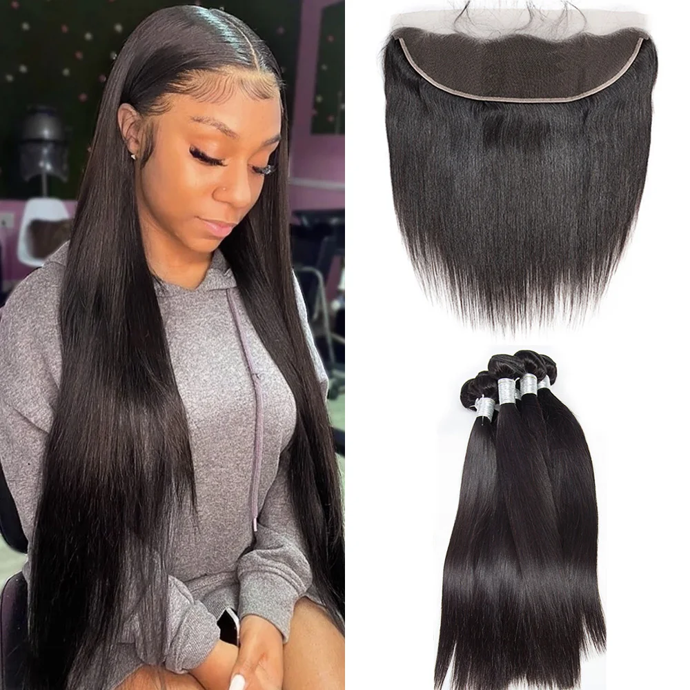 Straight Bundles With Closure Peruvian Hair Weave Bundles With Closure Frontal Pre Plucked 26 28 30 Inch Remy Hair Extension
