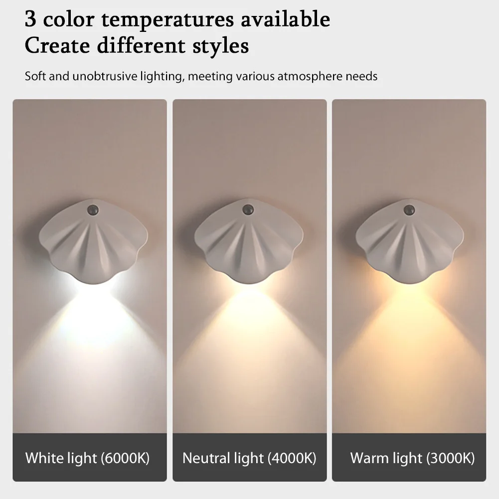

Shell Shaped Induction Wall Lamp 1200mAH Motion Sensor Wall Light USB Rechargeable Cabinet Night Lamp for Bedroom Closet Cabinet