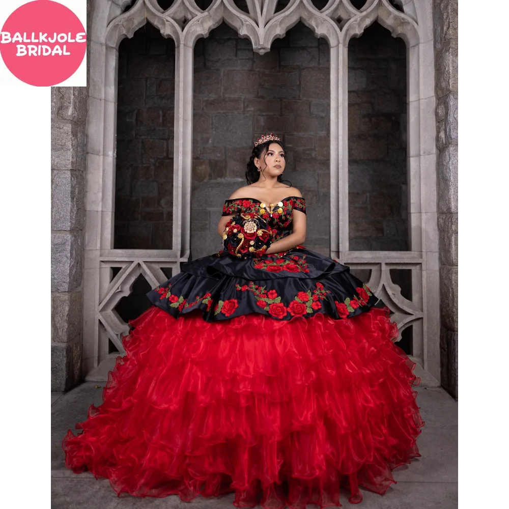 Мексиканское платье Charro Quinceañera по индивидуальному заказу 2729 красно-черное