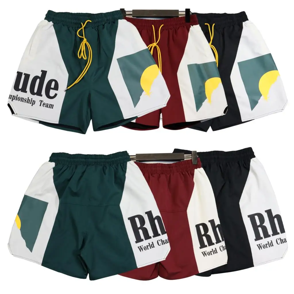 

Enso New Rhude Logo Short Sunset Men Women Casual Print RHUDE Elastic Waist Drawstring Shorts Splicing Color Sports Shorts