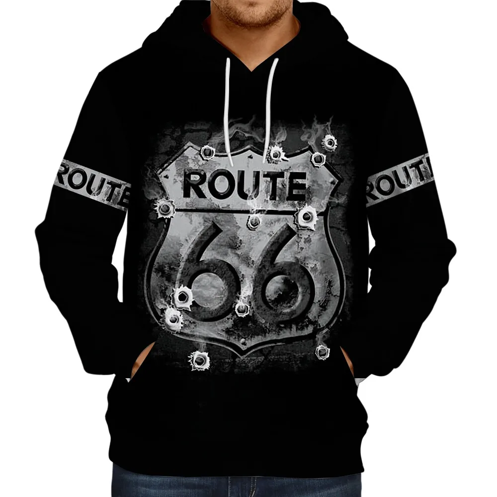 

2023 is AliExpress hot style hooded sweater 3D digital printing Route 66 theme men's sweater